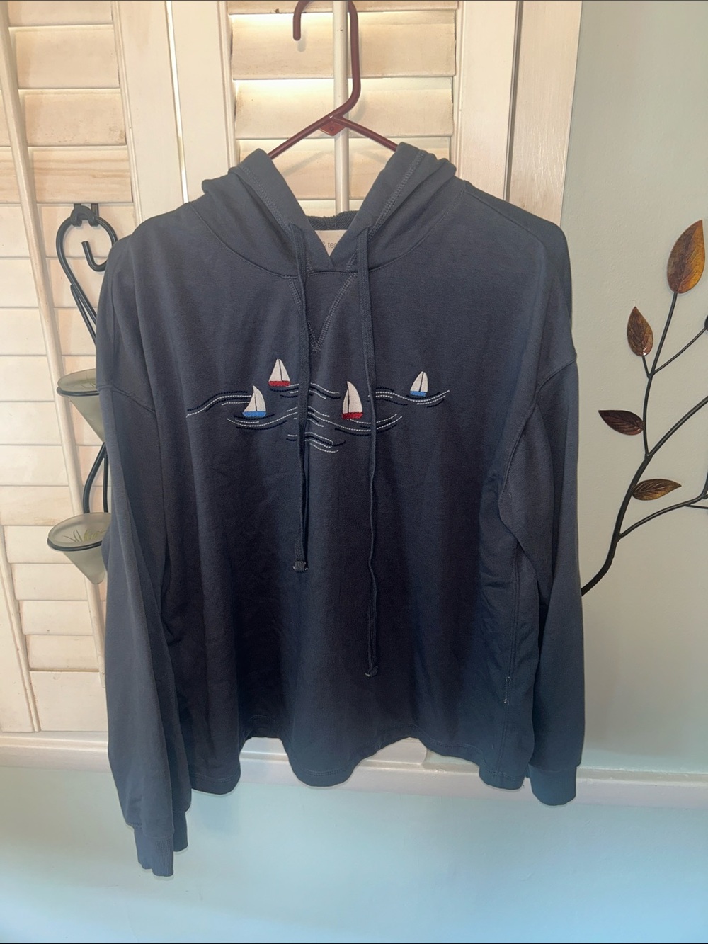 Gray Hoodie with Embroidered Sailboat Motif